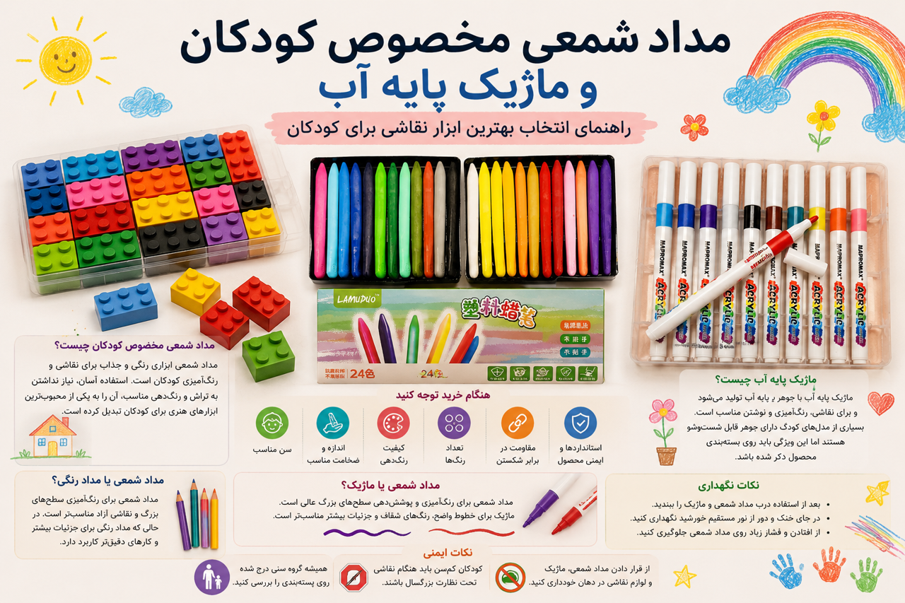 مداد شمعی مخصوص کودکان و ماژیک پایه آب؛ راهنمای انتخاب ابزار نقاشی برای کودکان